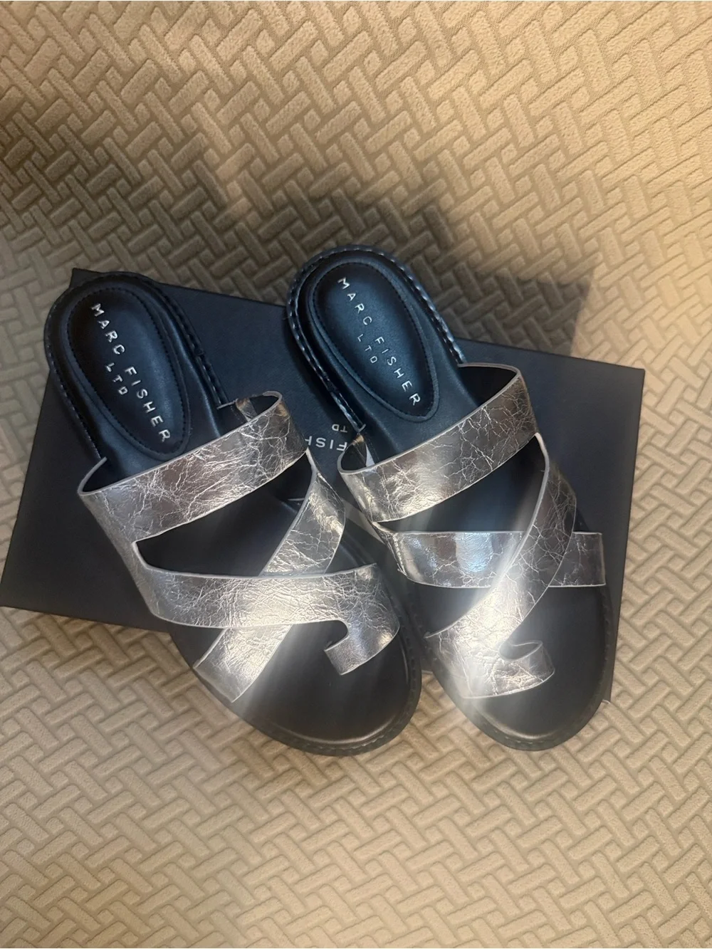 Marc Fisher Crinkled Metallic Silver Cross-Strap Slide Sandals